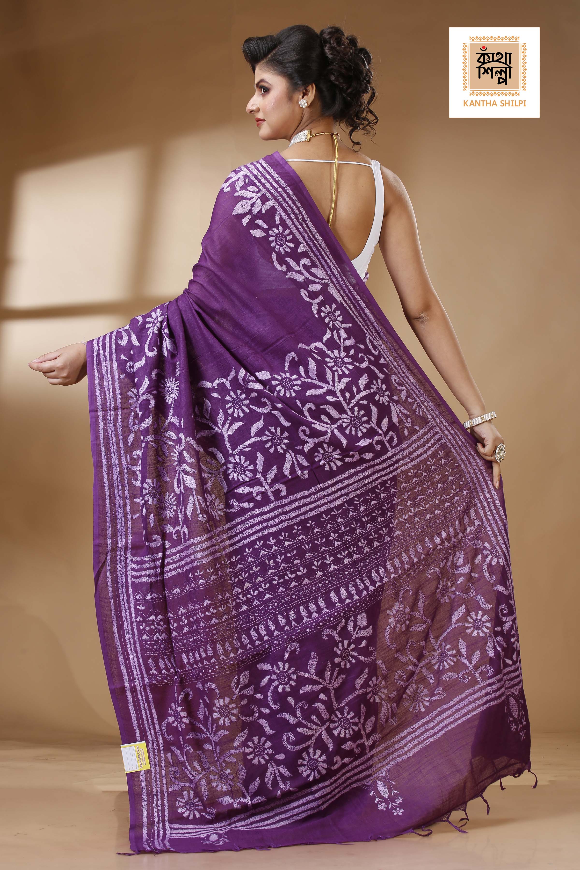 Purple Color Pure Cotton with White Thread Work Kantha Stitch Saree