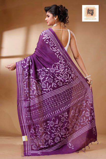 Purple Color Pure Cotton with White Thread Work Kantha Stitch Saree