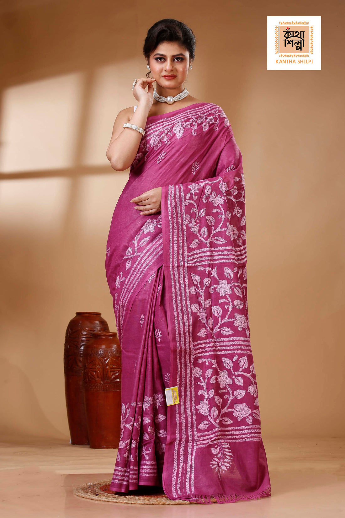 Rich Maroon Color Pure Cotton with White Thread Work Kantha Stitch Saree