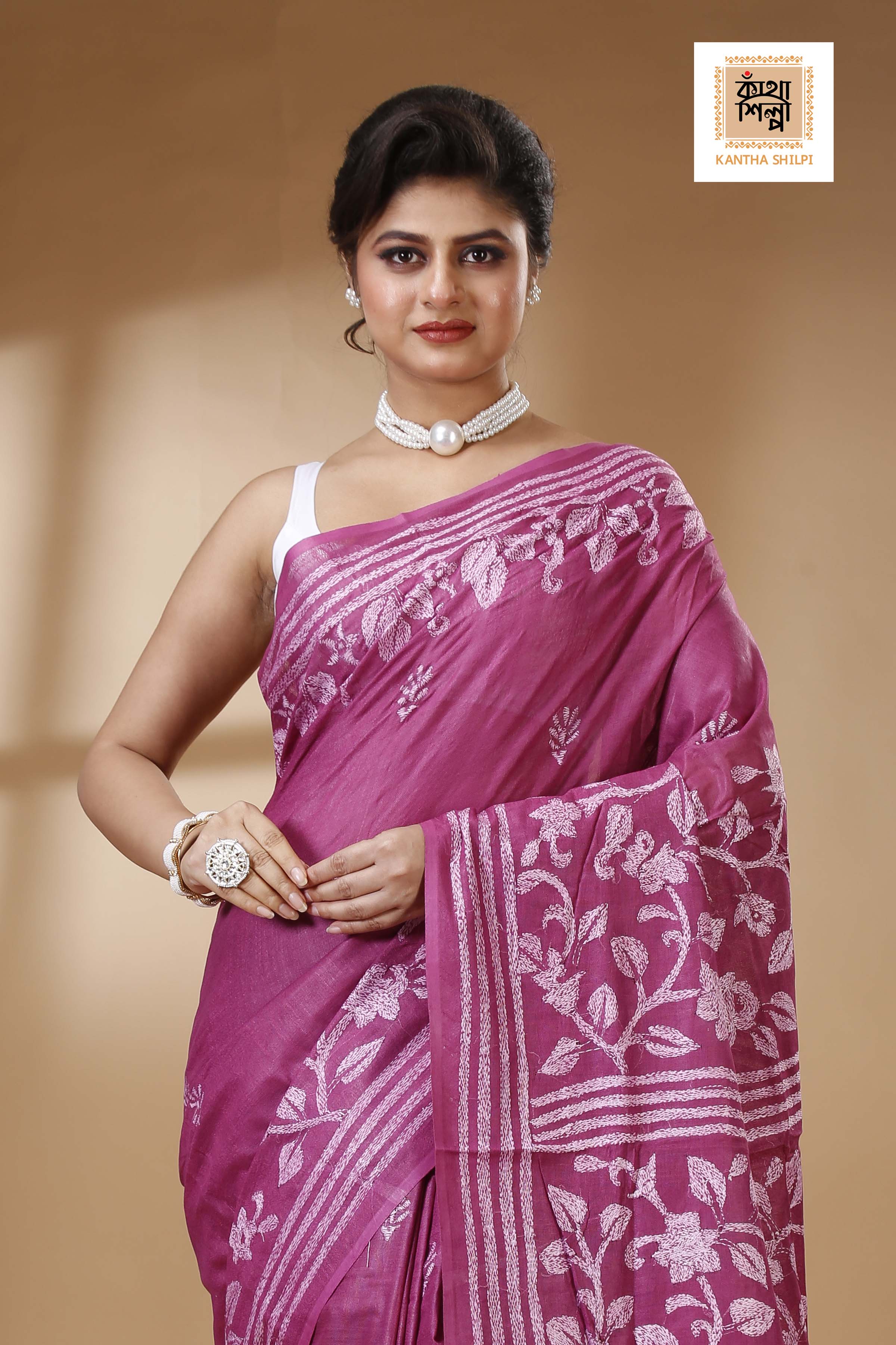 Rich Maroon Color Pure Cotton with White Thread Work Kantha Stitch Saree