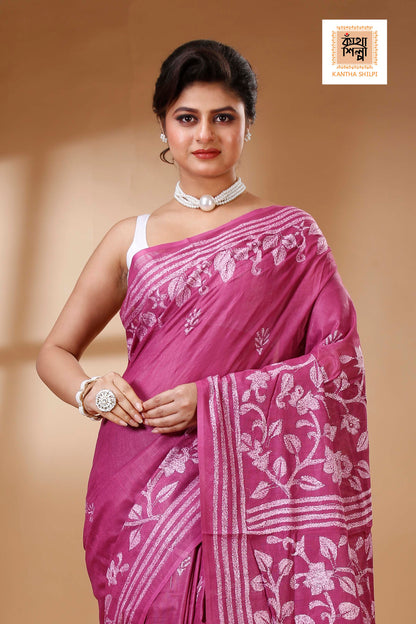 Rich Maroon Color Pure Cotton with White Thread Work Kantha Stitch Saree