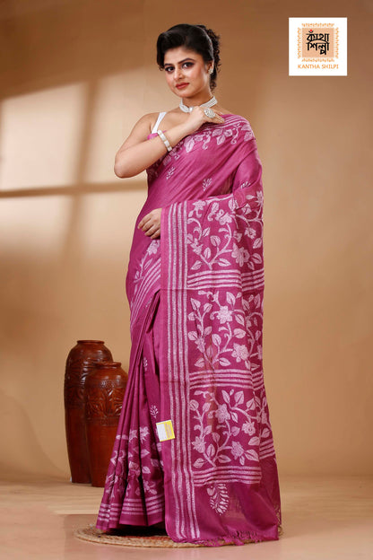 Rich Maroon Color Pure Cotton with White Thread Work Kantha Stitch Saree
