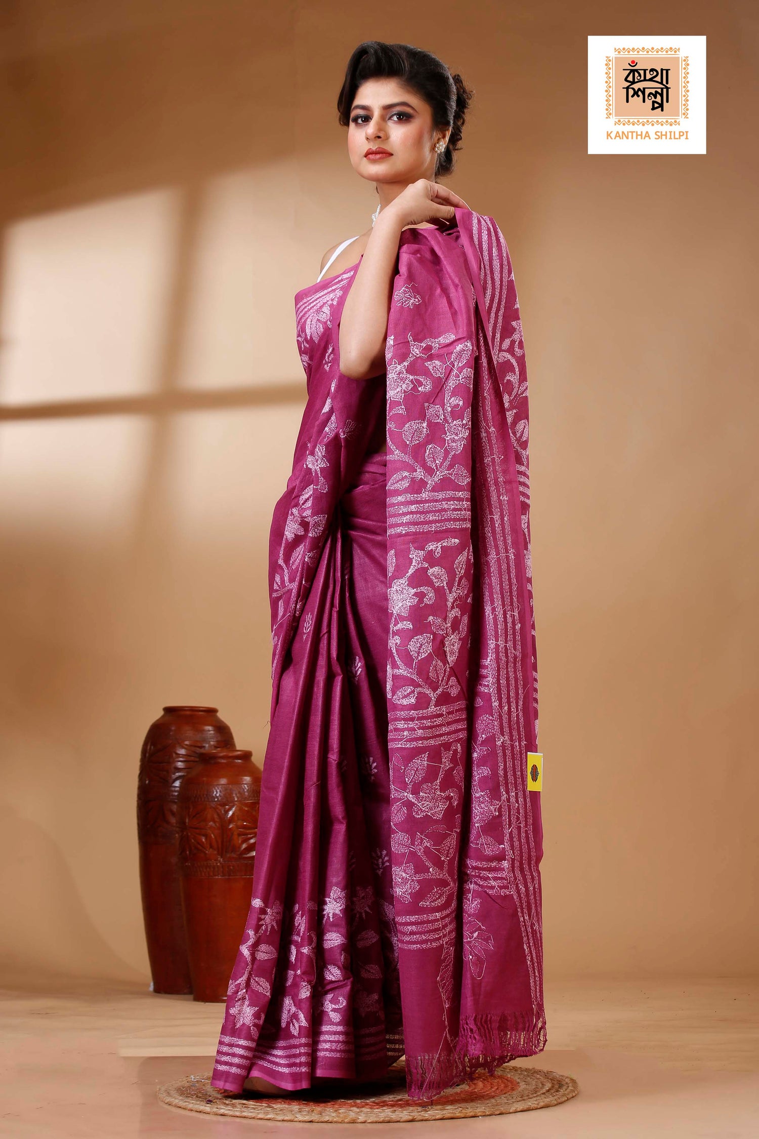 Rich Maroon Color Pure Cotton with White Thread Work Kantha Stitch Saree