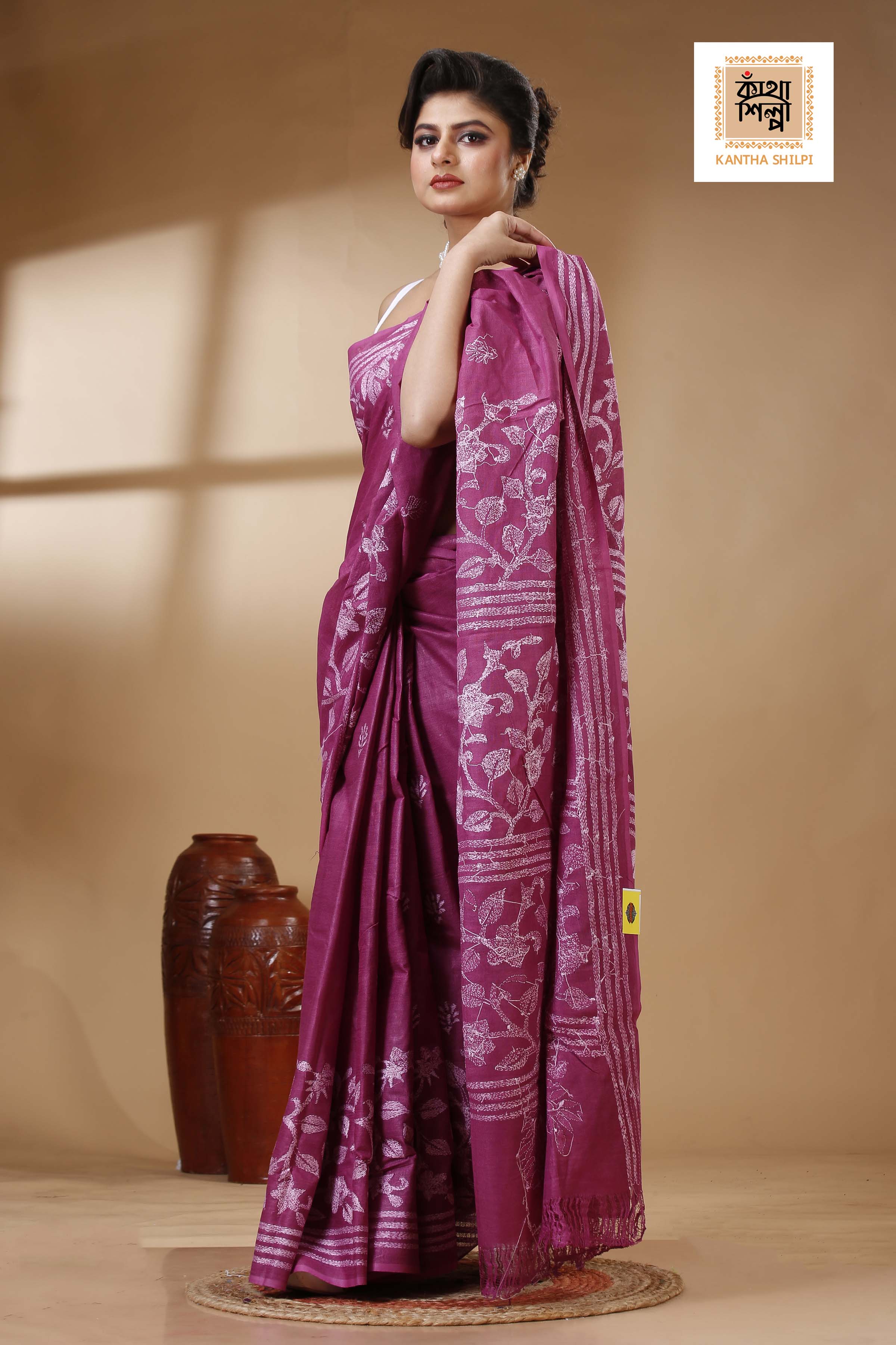 Rich Maroon Color Pure Cotton with White Thread Work Kantha Stitch Saree