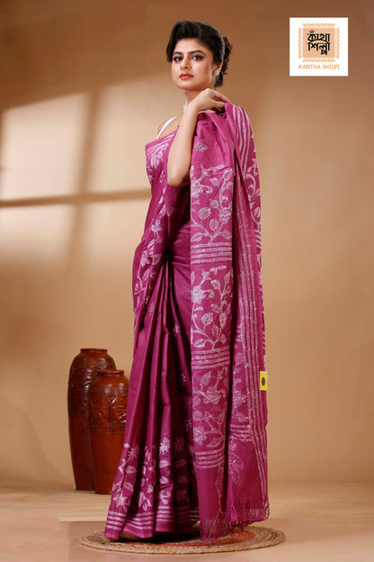 Rich Maroon Color Pure Cotton with White Thread Work Kantha Stitch Saree