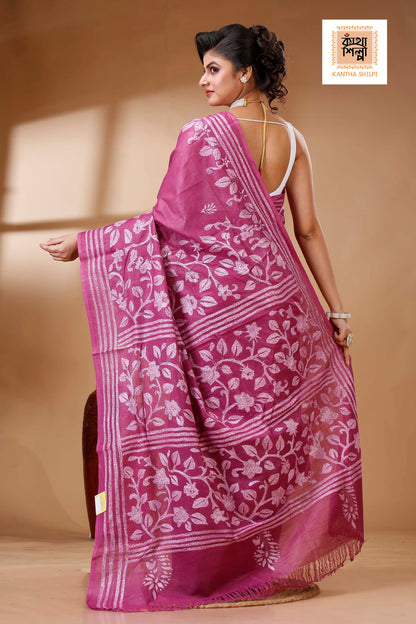 Rich Maroon Color Pure Cotton with White Thread Work Kantha Stitch Saree