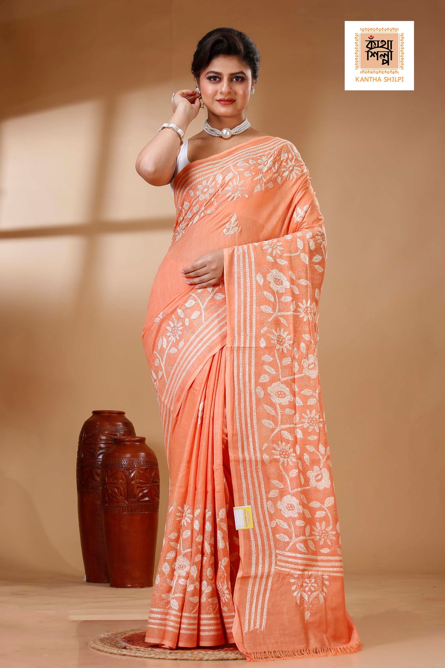 Orange Color Pure Cotton with White Thread Work Kantha Stitch Saree