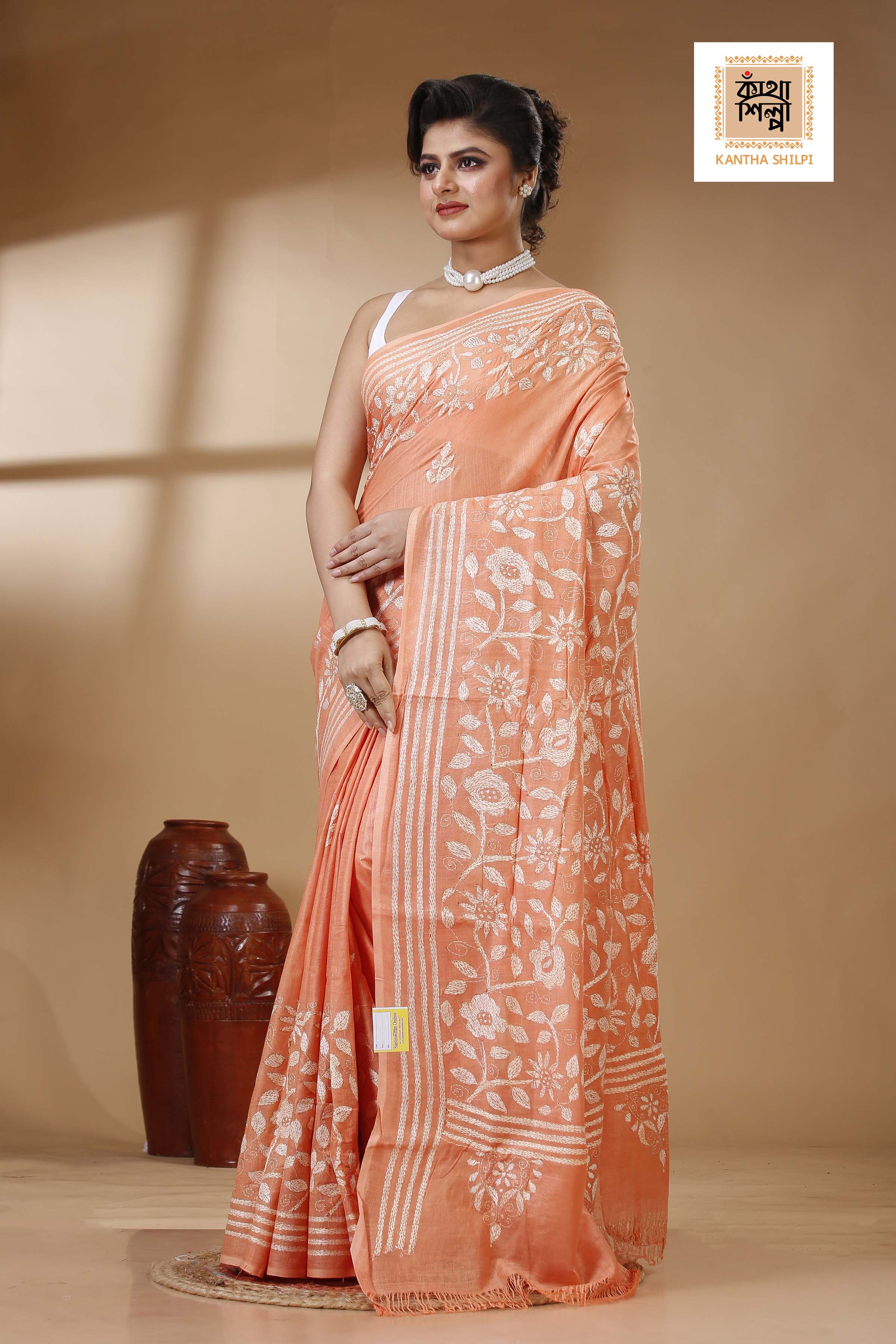 Orange Color Pure Cotton with White Thread Work Kantha Stitch Saree