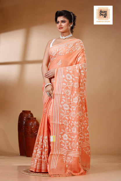 Orange Color Pure Cotton with White Thread Work Kantha Stitch Saree