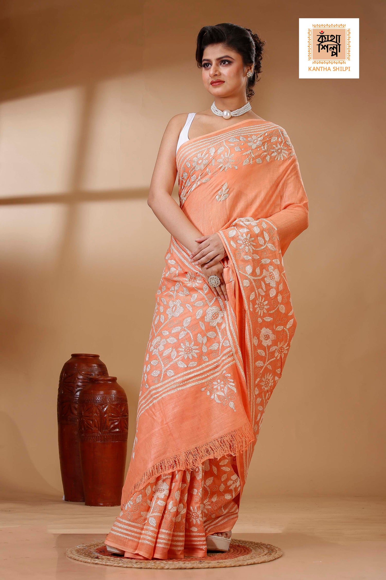 Orange Color Pure Cotton with White Thread Work Kantha Stitch Saree