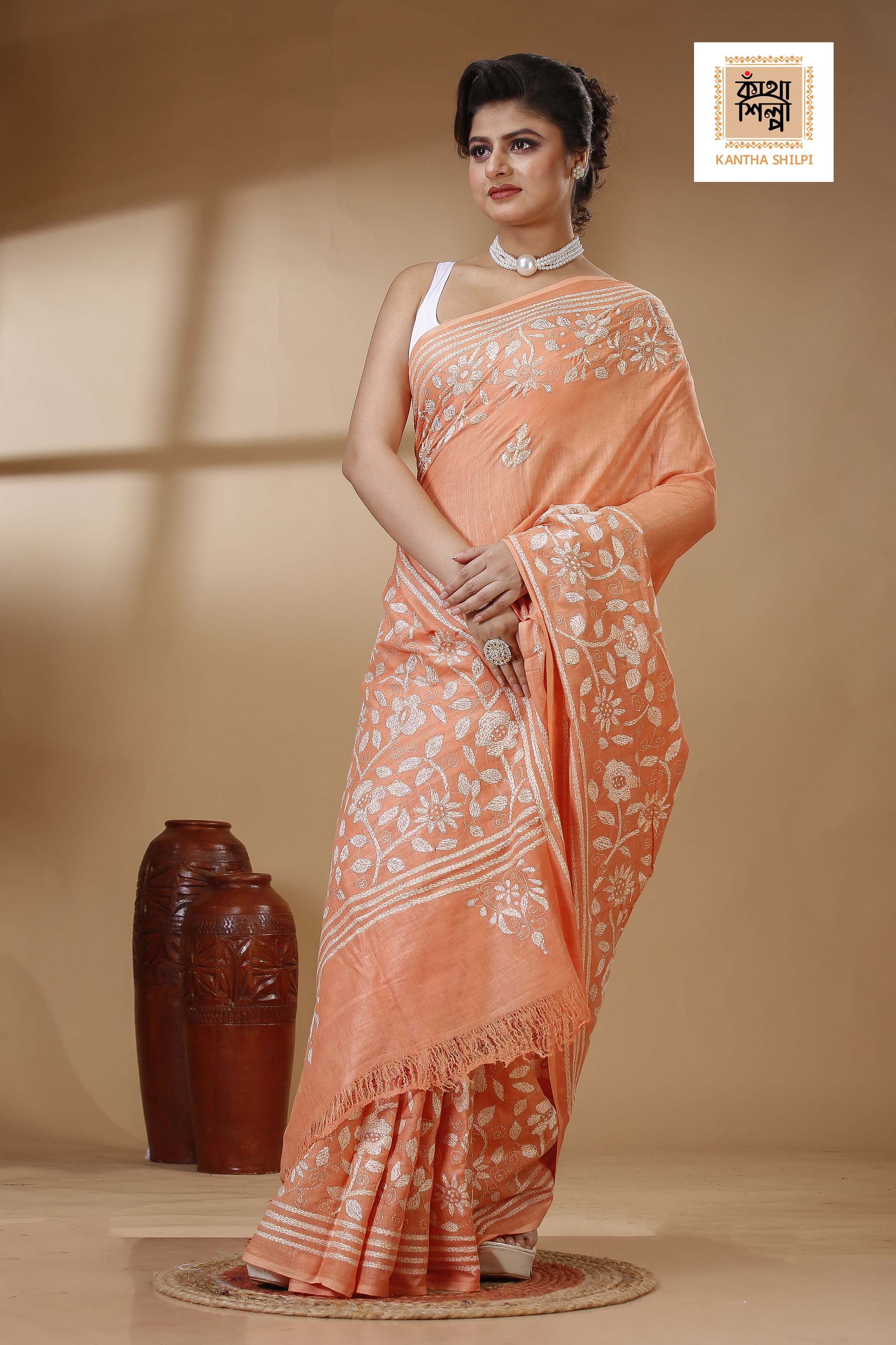Orange Color Pure Cotton with White Thread Work Kantha Stitch Saree