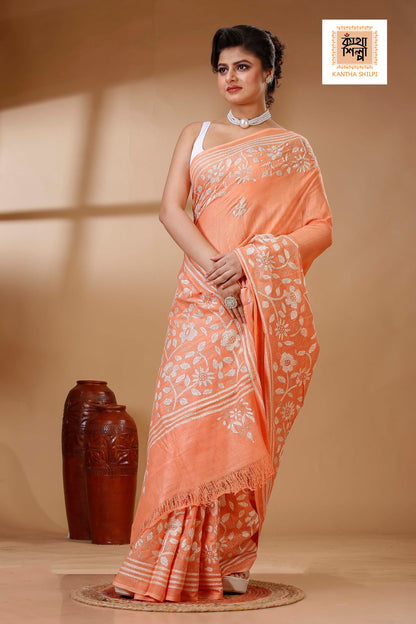 Orange Color Pure Cotton with White Thread Work Kantha Stitch Saree