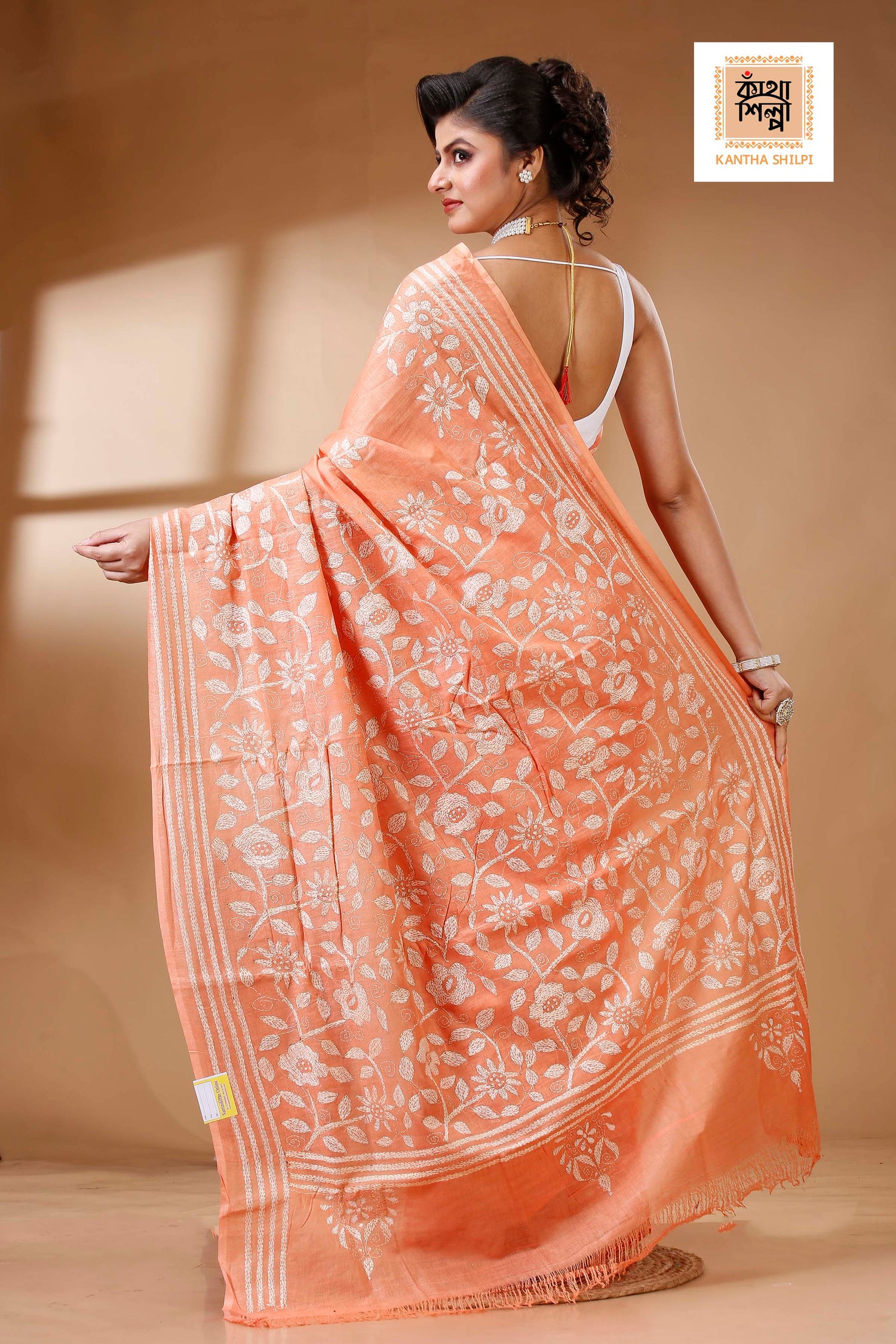 Orange Color Pure Cotton with White Thread Work Kantha Stitch Saree
