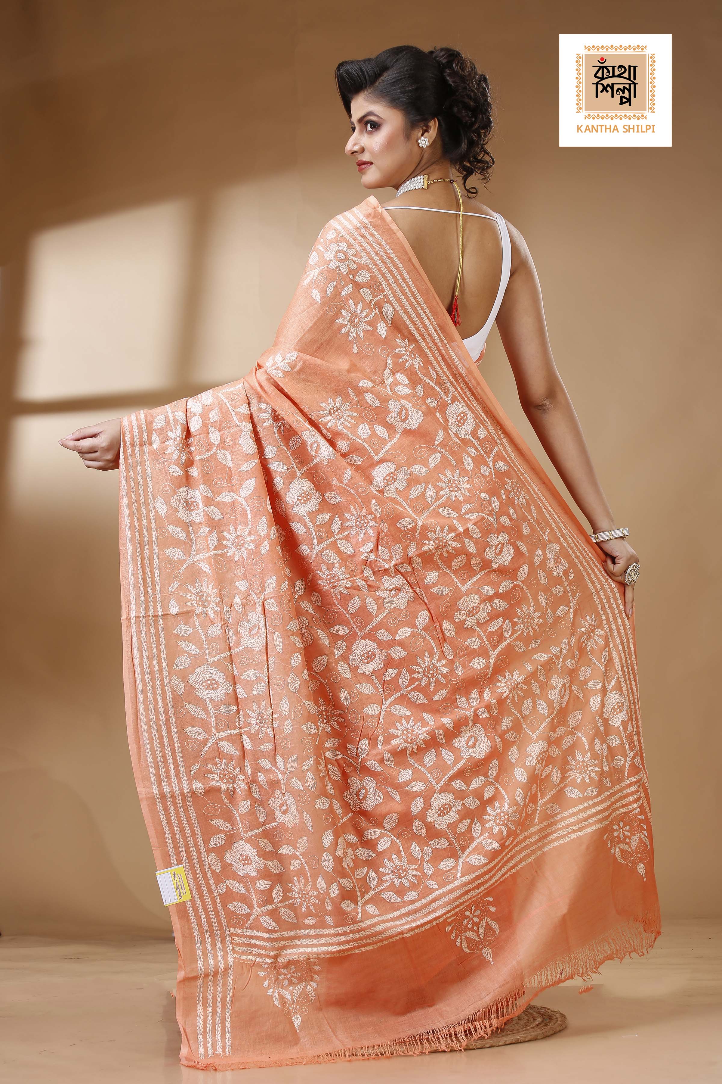 Orange Color Pure Cotton with White Thread Work Kantha Stitch Saree