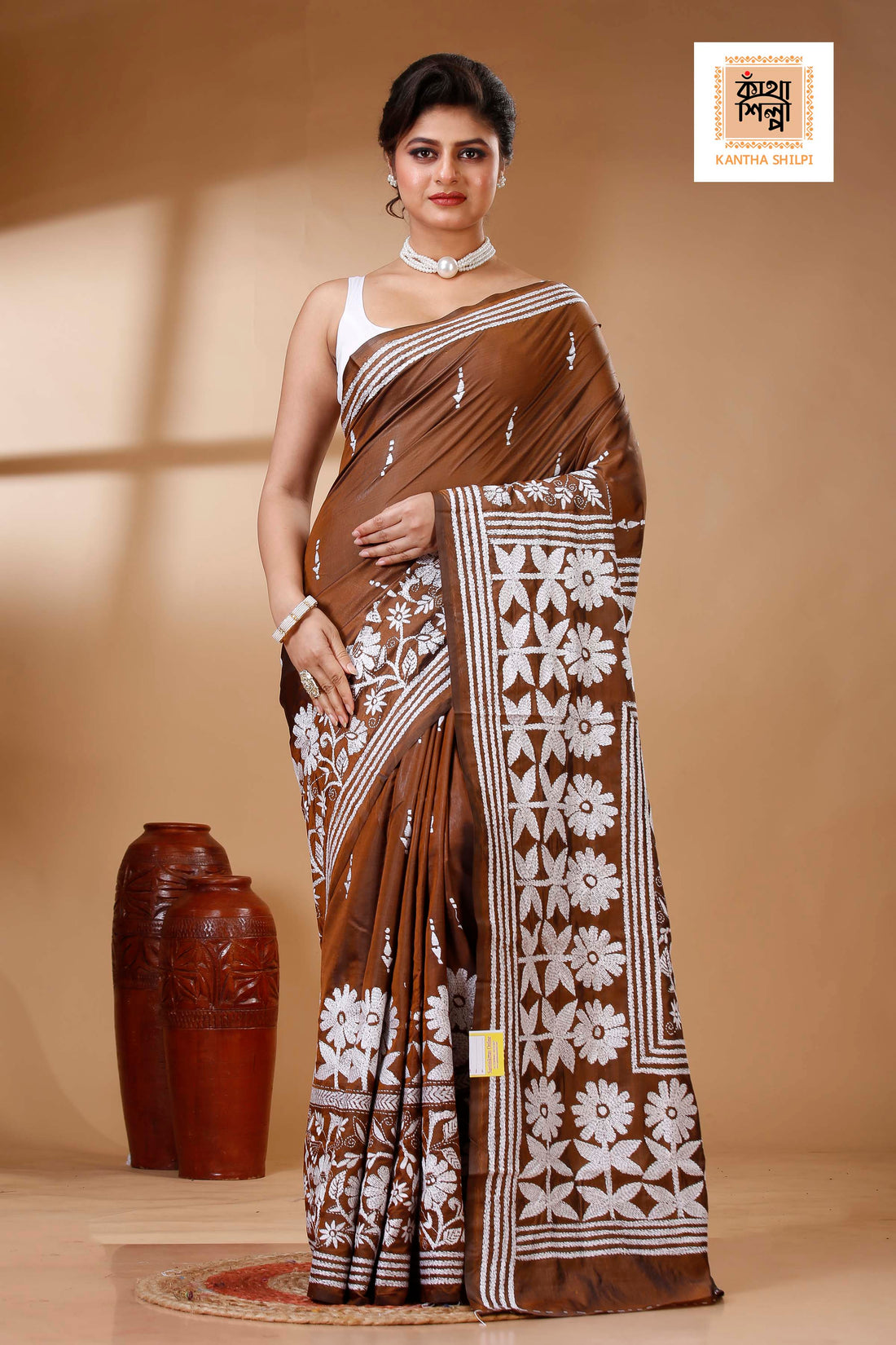 Brown Color Bangalore Silk White color Thread Work Kantha Stitch Saree