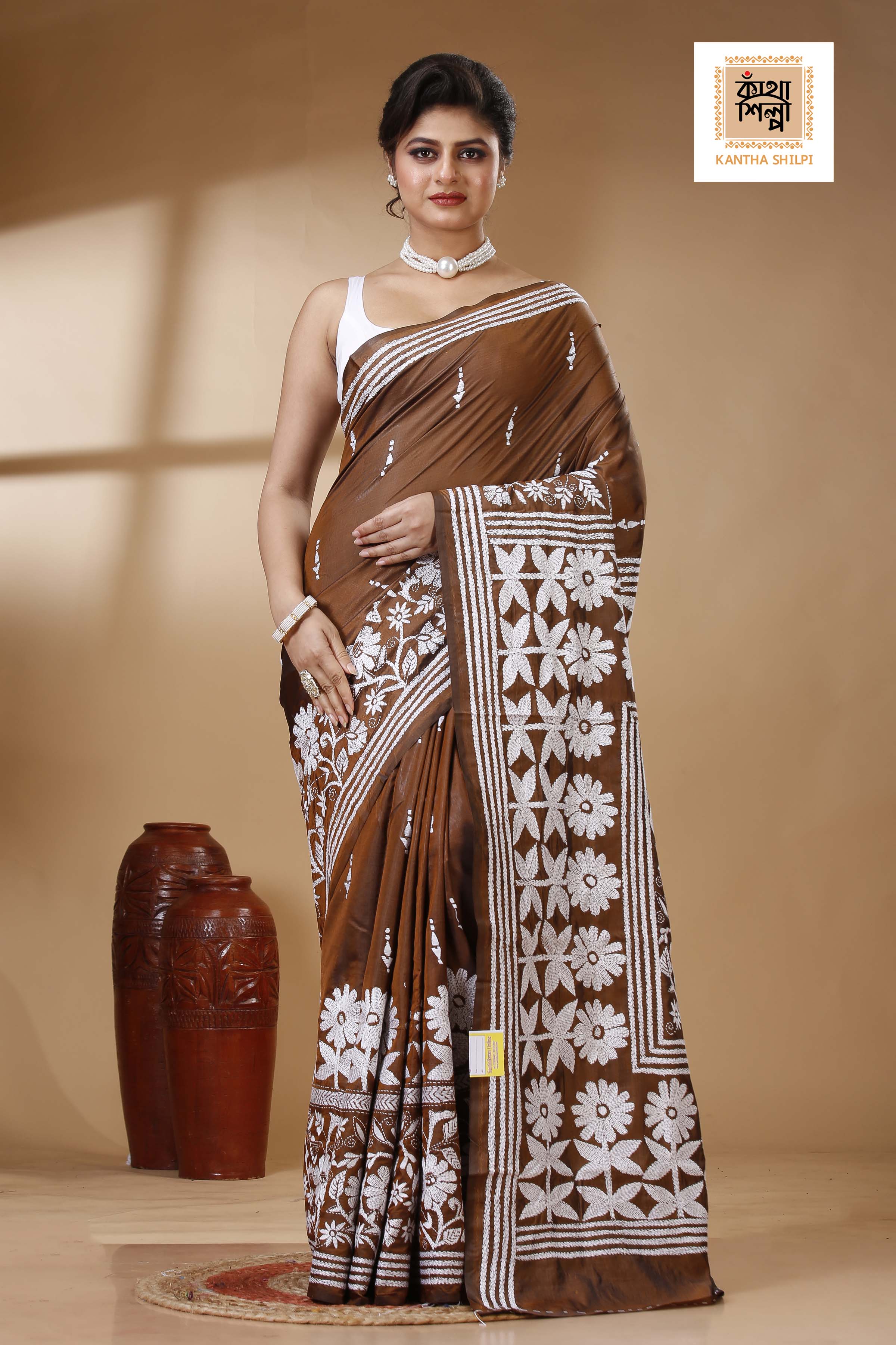 Brown Color Bangalore Silk White color Thread Work Kantha Stitch Saree