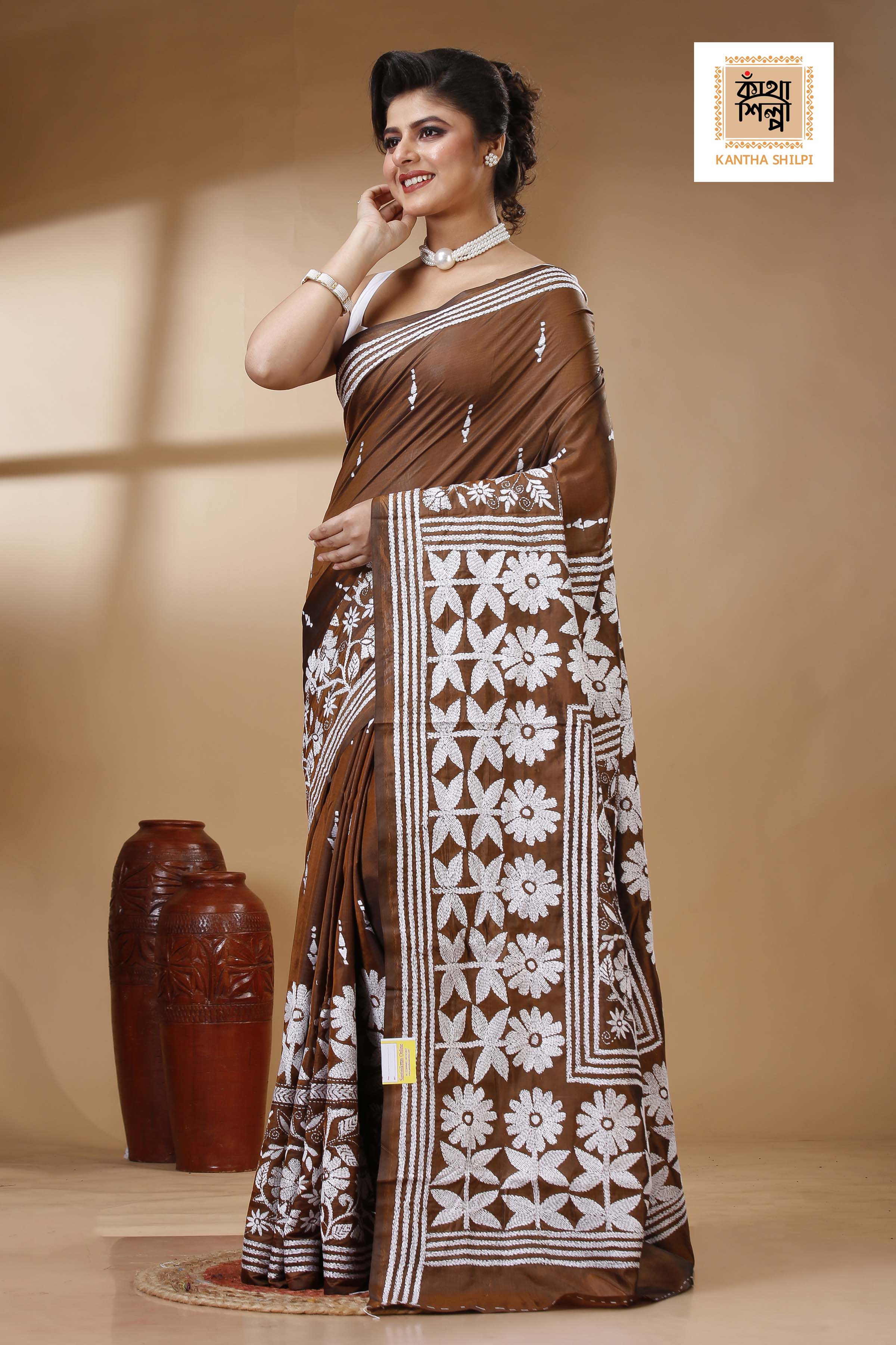 Brown Color Bangalore Silk White color Thread Work Kantha Stitch Saree