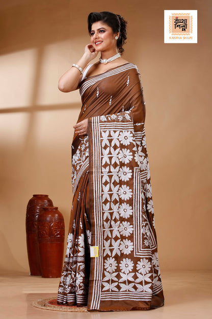 Brown Color Bangalore Silk White color Thread Work Kantha Stitch Saree