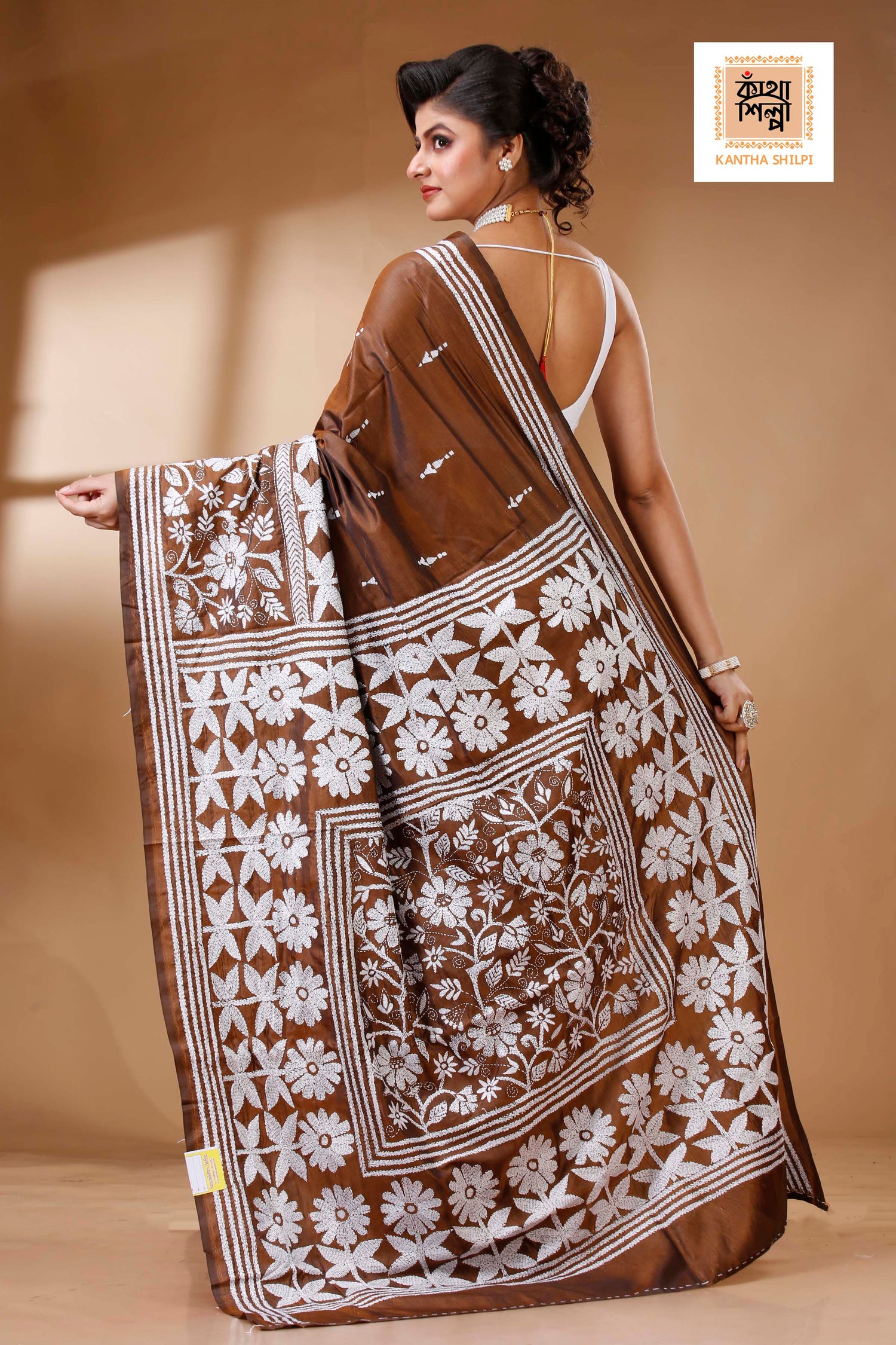 Brown Color Bangalore Silk White color Thread Work Kantha Stitch Saree