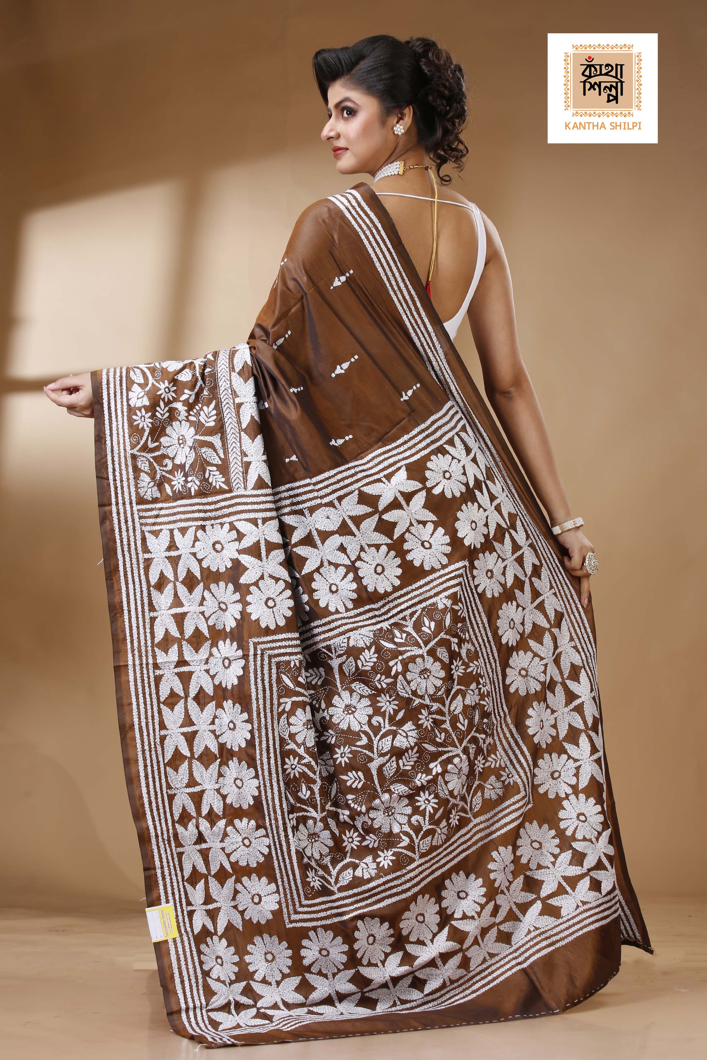Brown Color Bangalore Silk White color Thread Work Kantha Stitch Saree