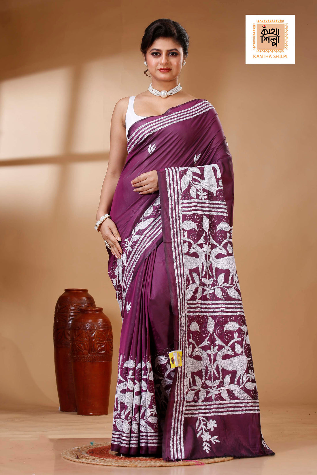 Wine Color Bangalore Silk White color Thread Work Kantha Stitch Saree