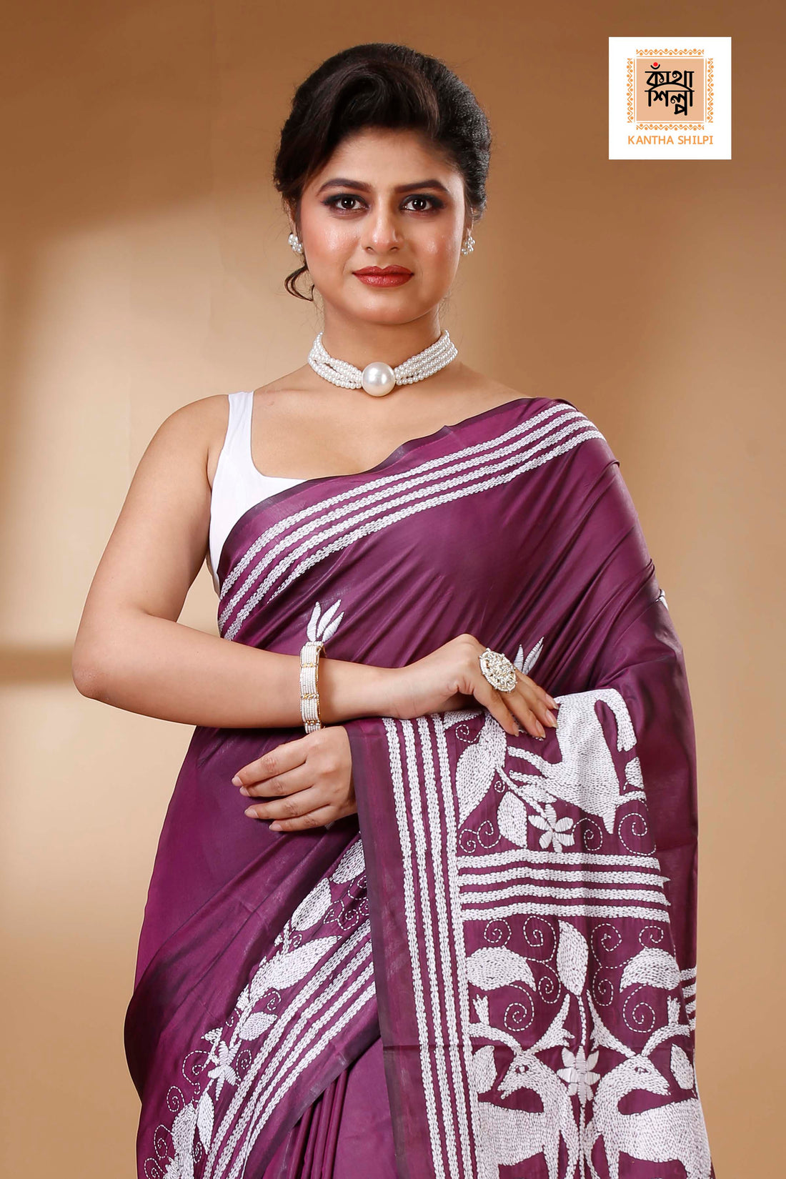 Wine Color Bangalore Silk White color Thread Work Kantha Stitch Saree