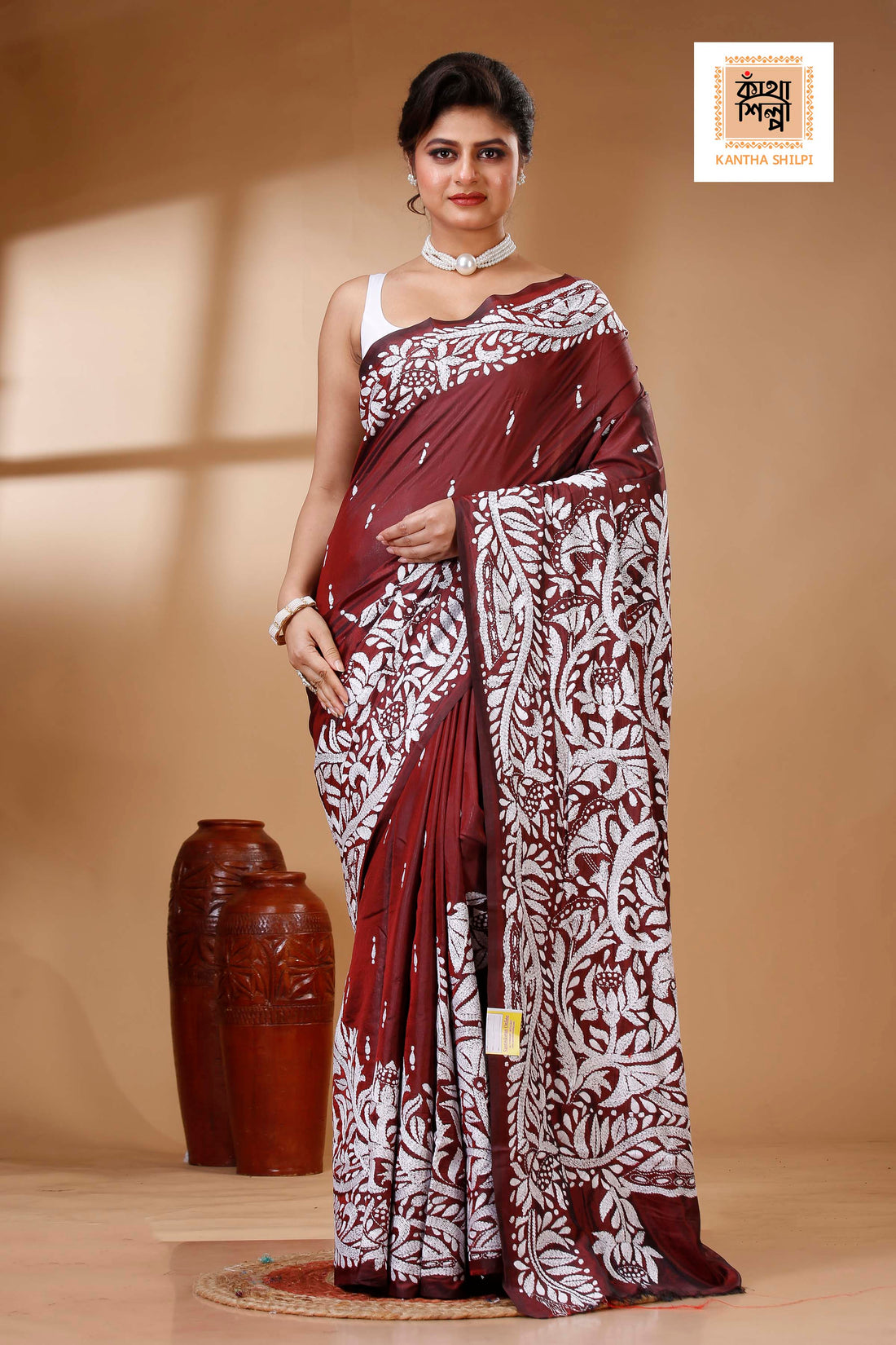 Maroon Color Bangalore Silk White color Thread Work Kantha Stitch Saree