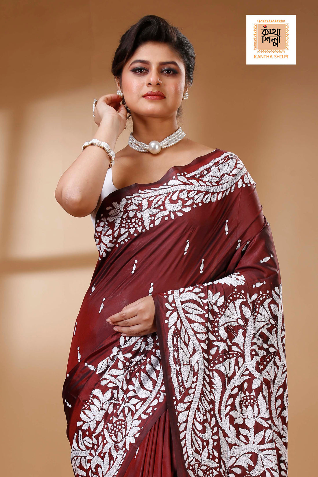 Maroon Color Bangalore Silk White color Thread Work Kantha Stitch Saree