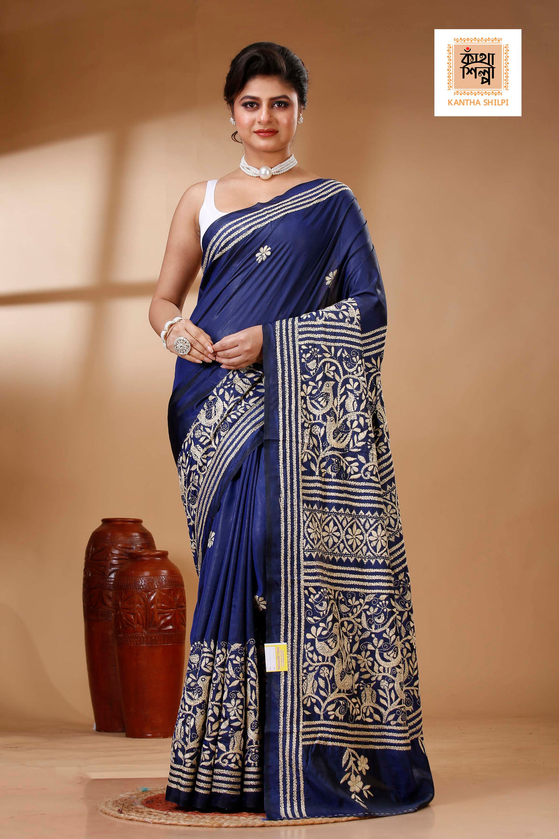 Navy Blue Color Bangalore Silk Beige color Thread Work Kantha Stitch Saree