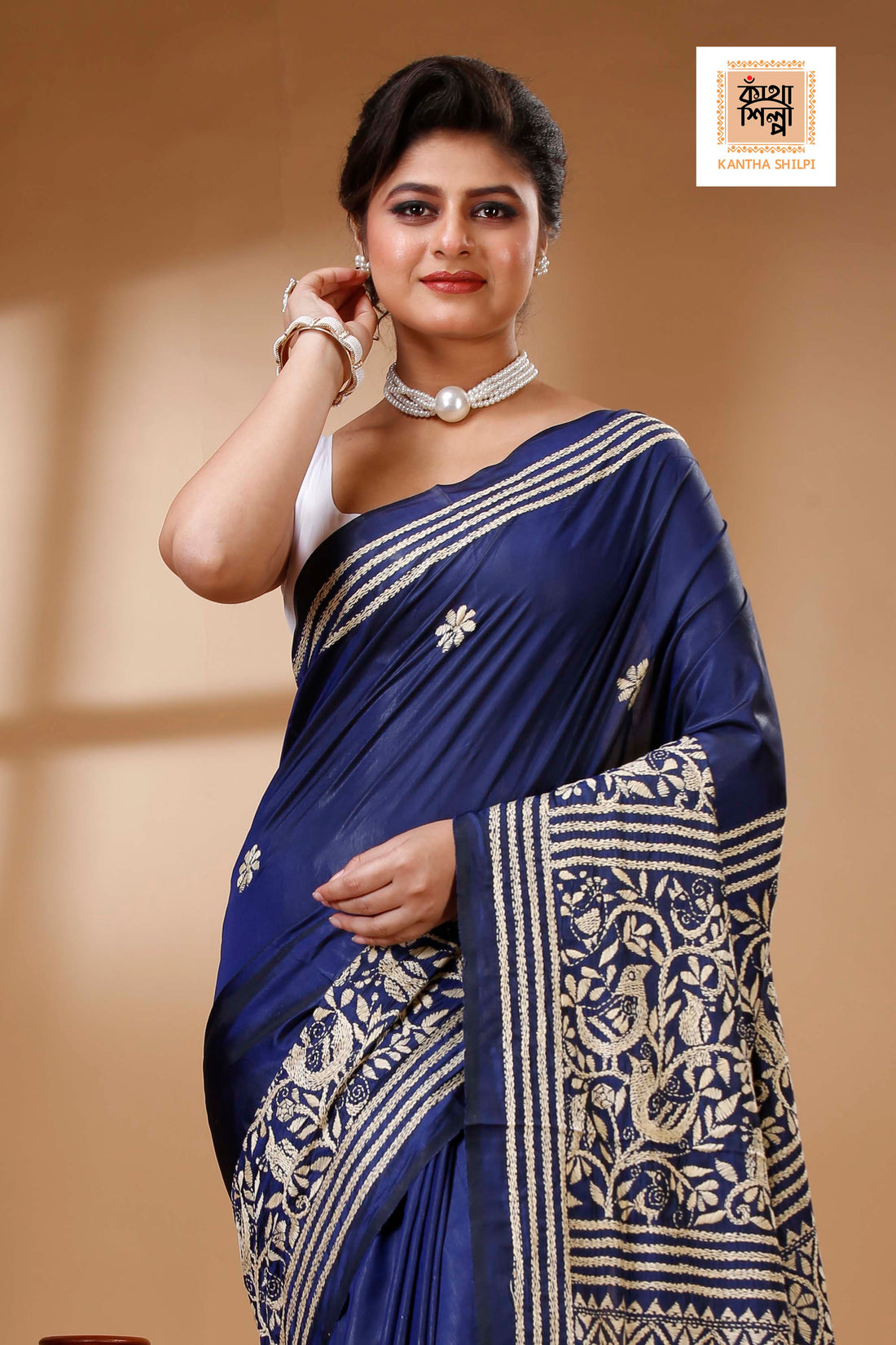 Navy Blue Color Bangalore Silk Beige color Thread Work Kantha Stitch Saree