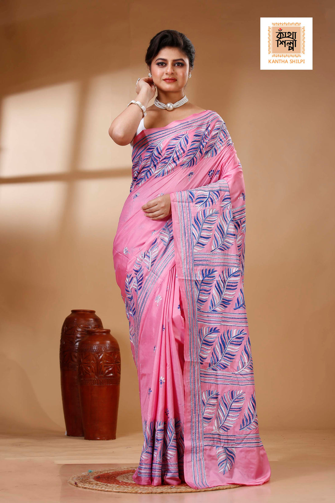 Pink Color Bangalore Silk White Blue Twist color Thread Work Kantha Stitch Saree