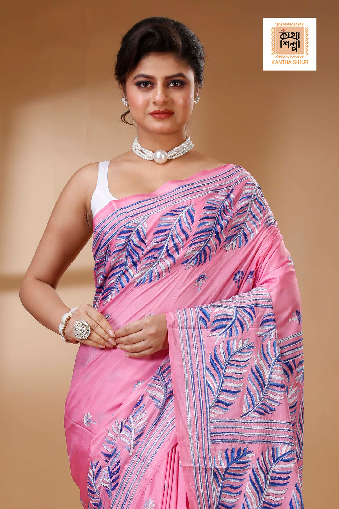 Pink Color Bangalore Silk White Blue Twist color Thread Work Kantha Stitch Saree