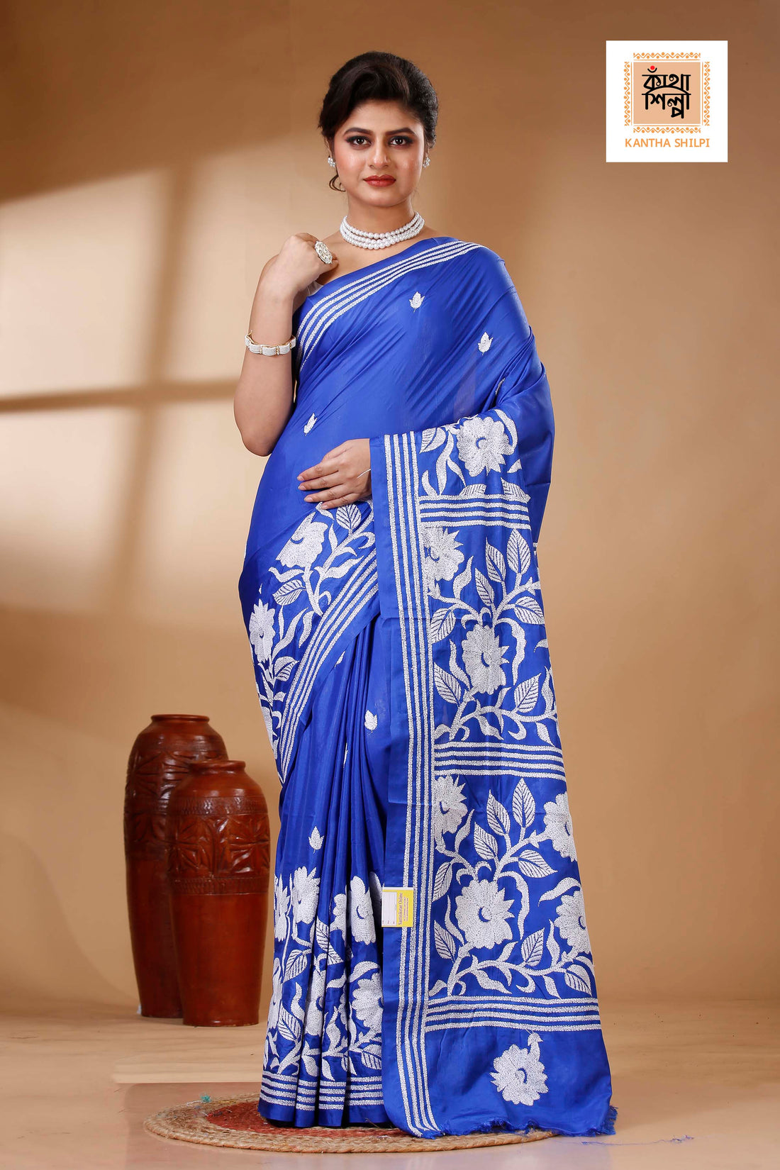 Blue Color Bangalore Silk White color Thread Work Kantha Stitch Saree