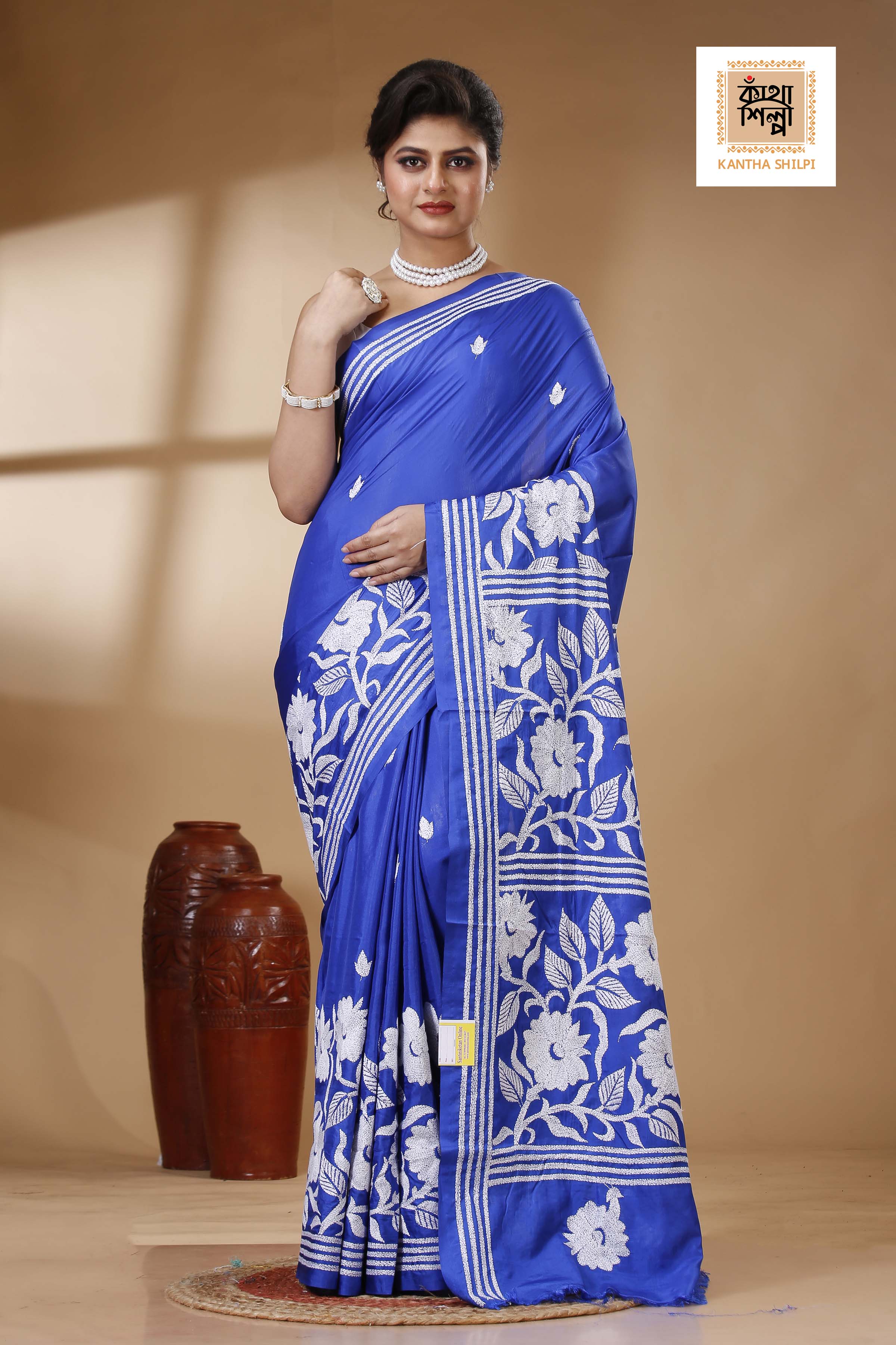 Blue Color Bangalore Silk White color Thread Work Kantha Stitch Saree