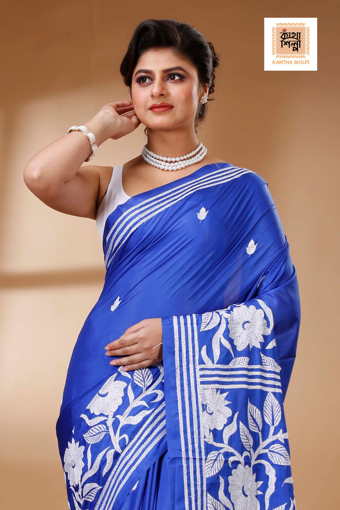 Blue Color Bangalore Silk White color Thread Work Kantha Stitch Saree