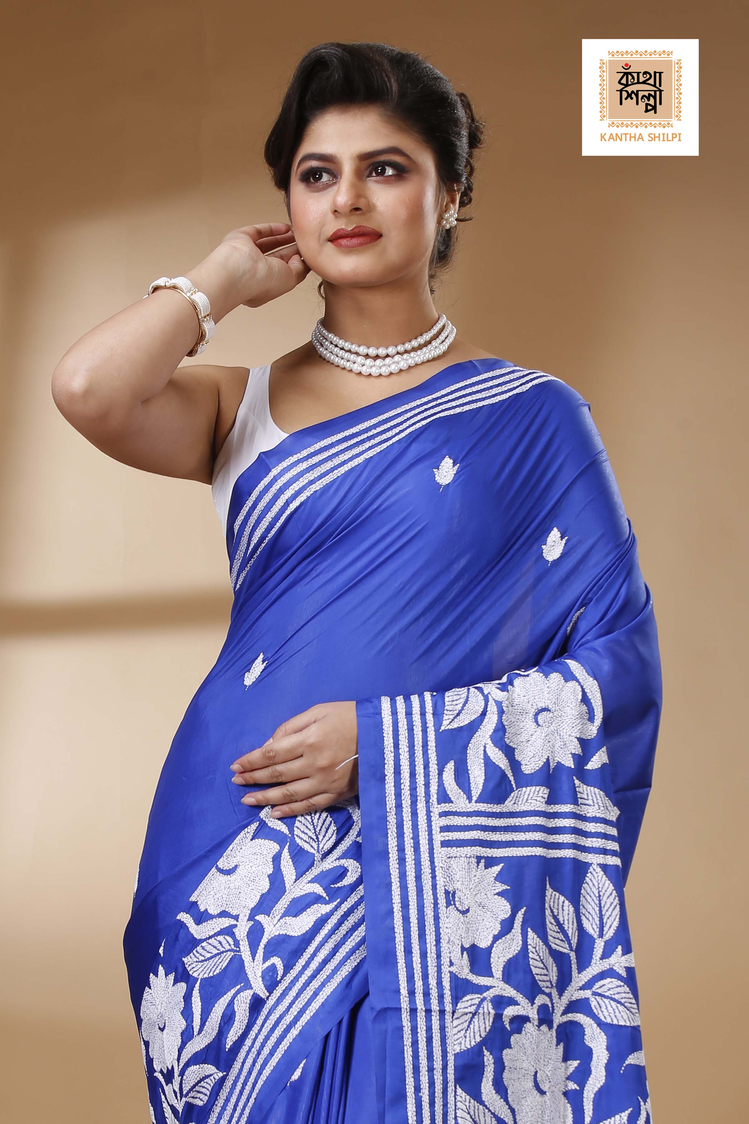 Blue Color Bangalore Silk White color Thread Work Kantha Stitch Saree
