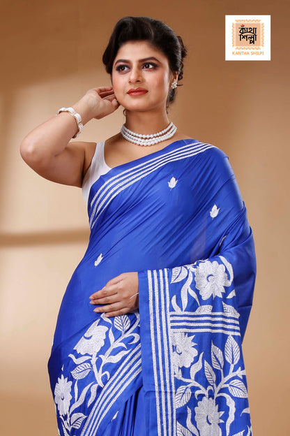 Blue Color Bangalore Silk White color Thread Work Kantha Stitch Saree