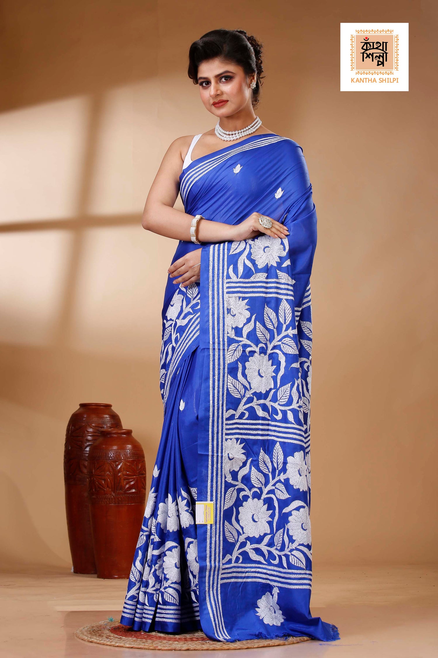 Blue Color Bangalore Silk White color Thread Work Kantha Stitch Saree