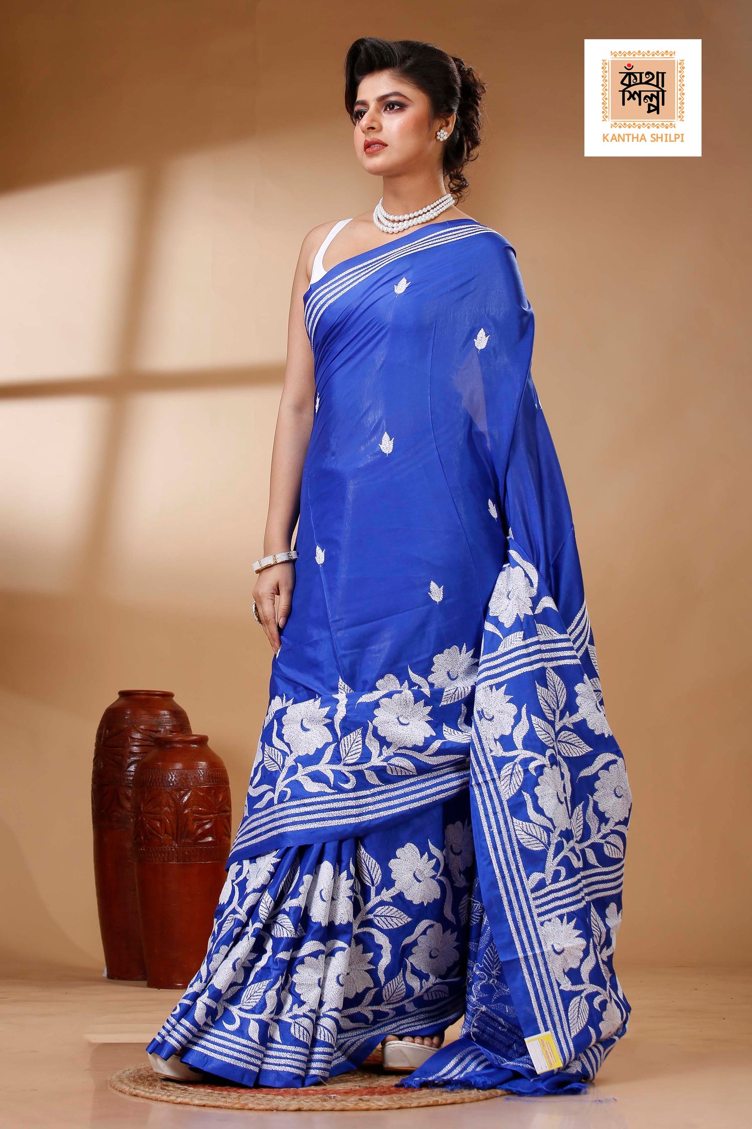 Blue Color Bangalore Silk White color Thread Work Kantha Stitch Saree