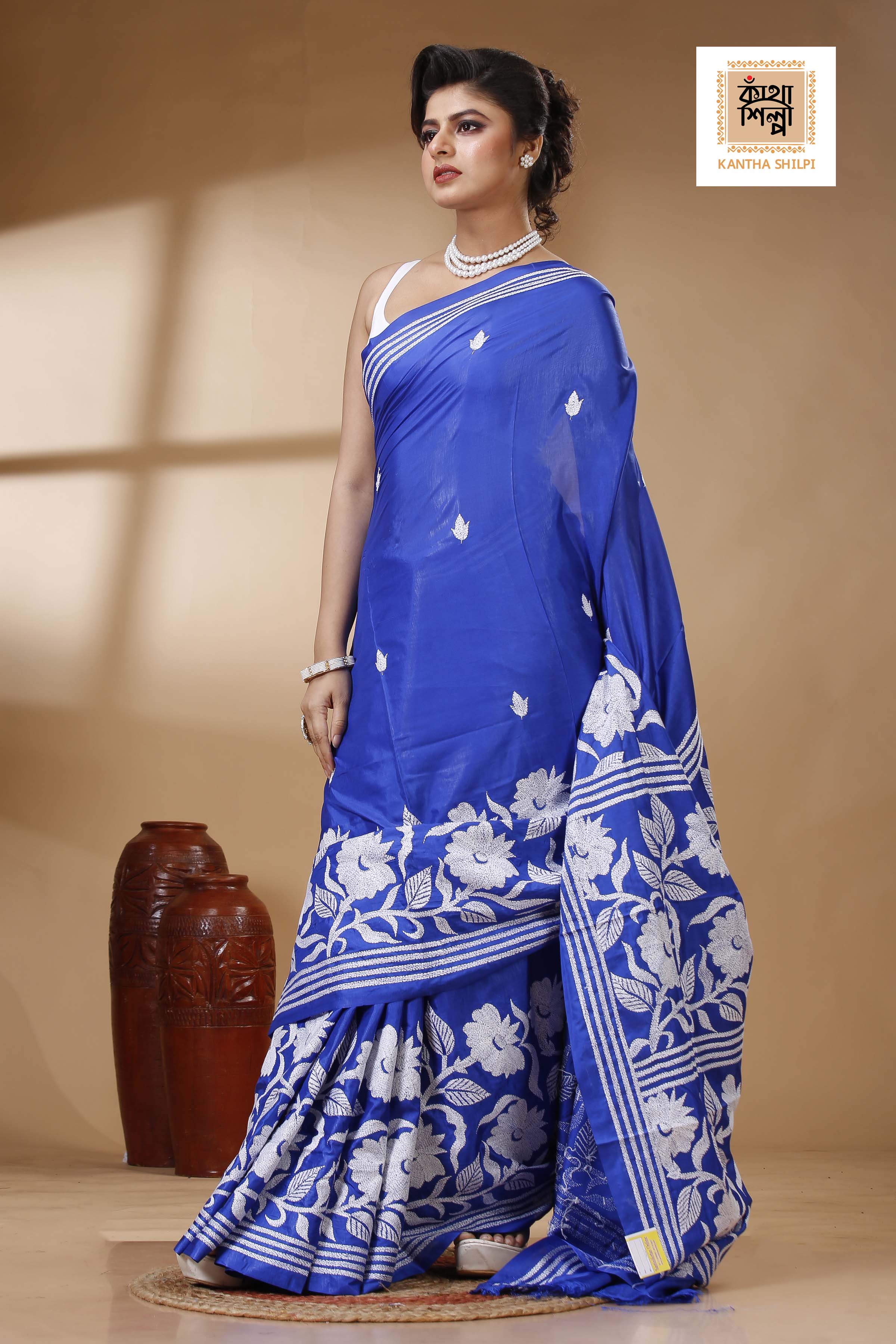 Blue Color Bangalore Silk White color Thread Work Kantha Stitch Saree
