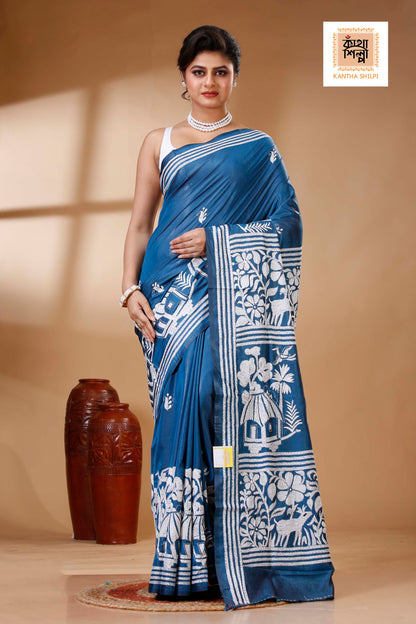 Light Navy Color Bangalore Silk White color Thread Work Kantha Stitch Saree