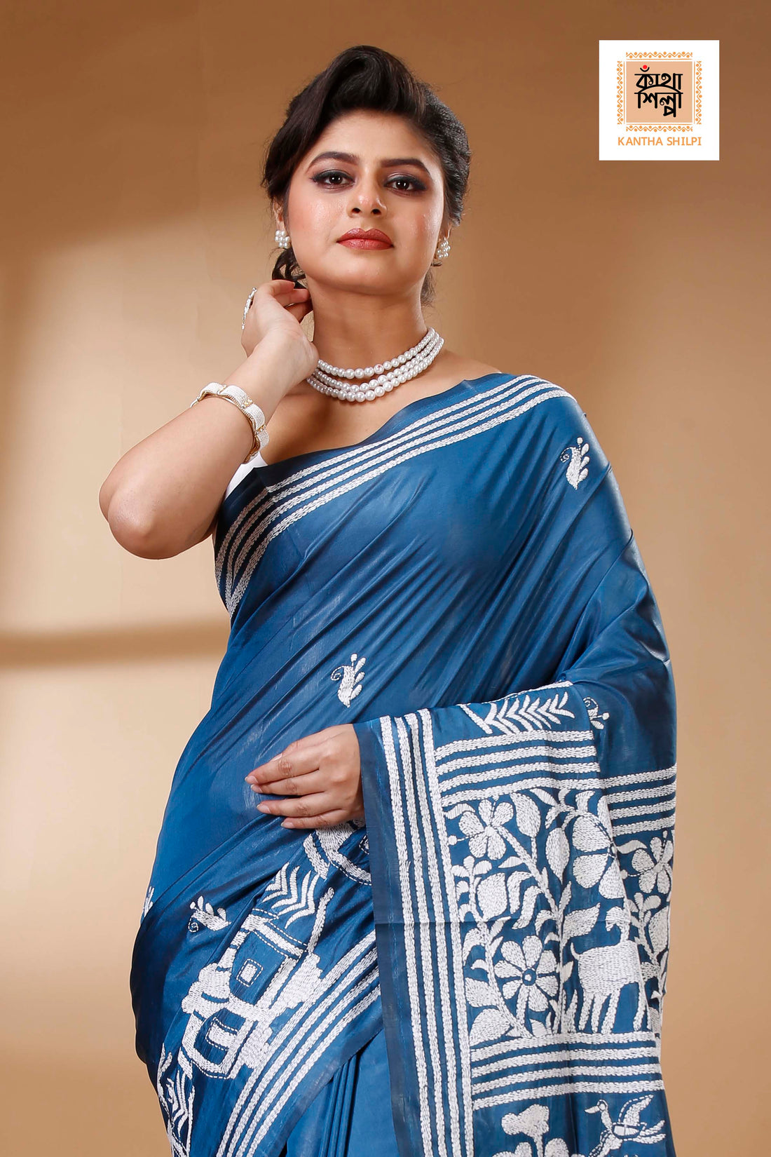 Light Navy Color Bangalore Silk White color Thread Work Kantha Stitch Saree