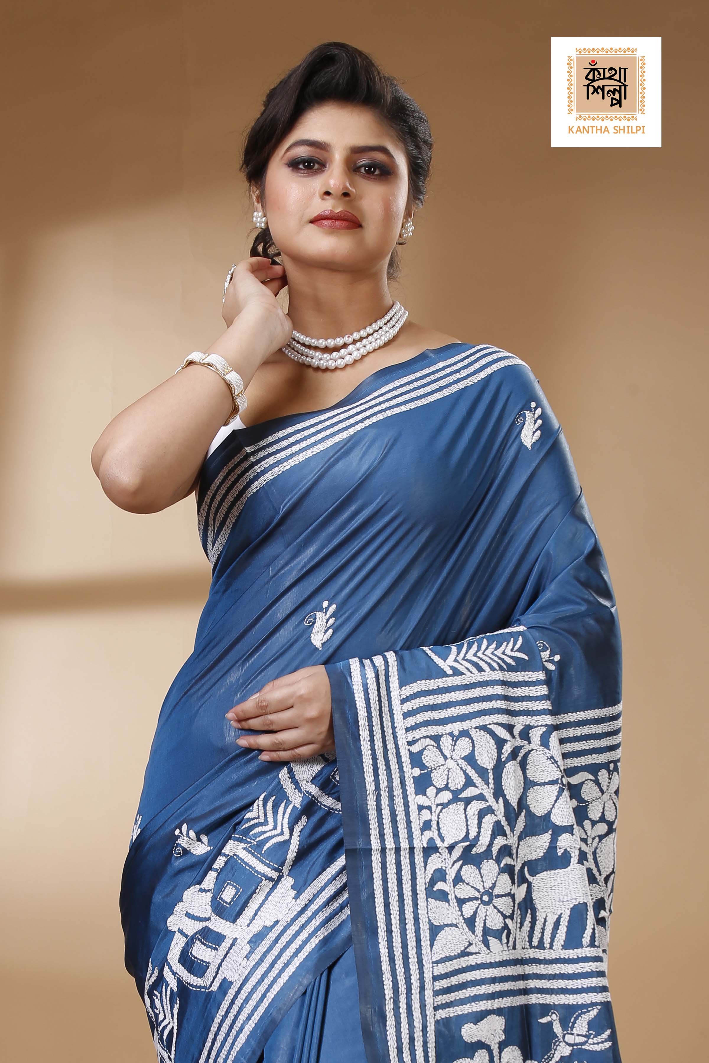 Light Navy Color Bangalore Silk White color Thread Work Kantha Stitch Saree