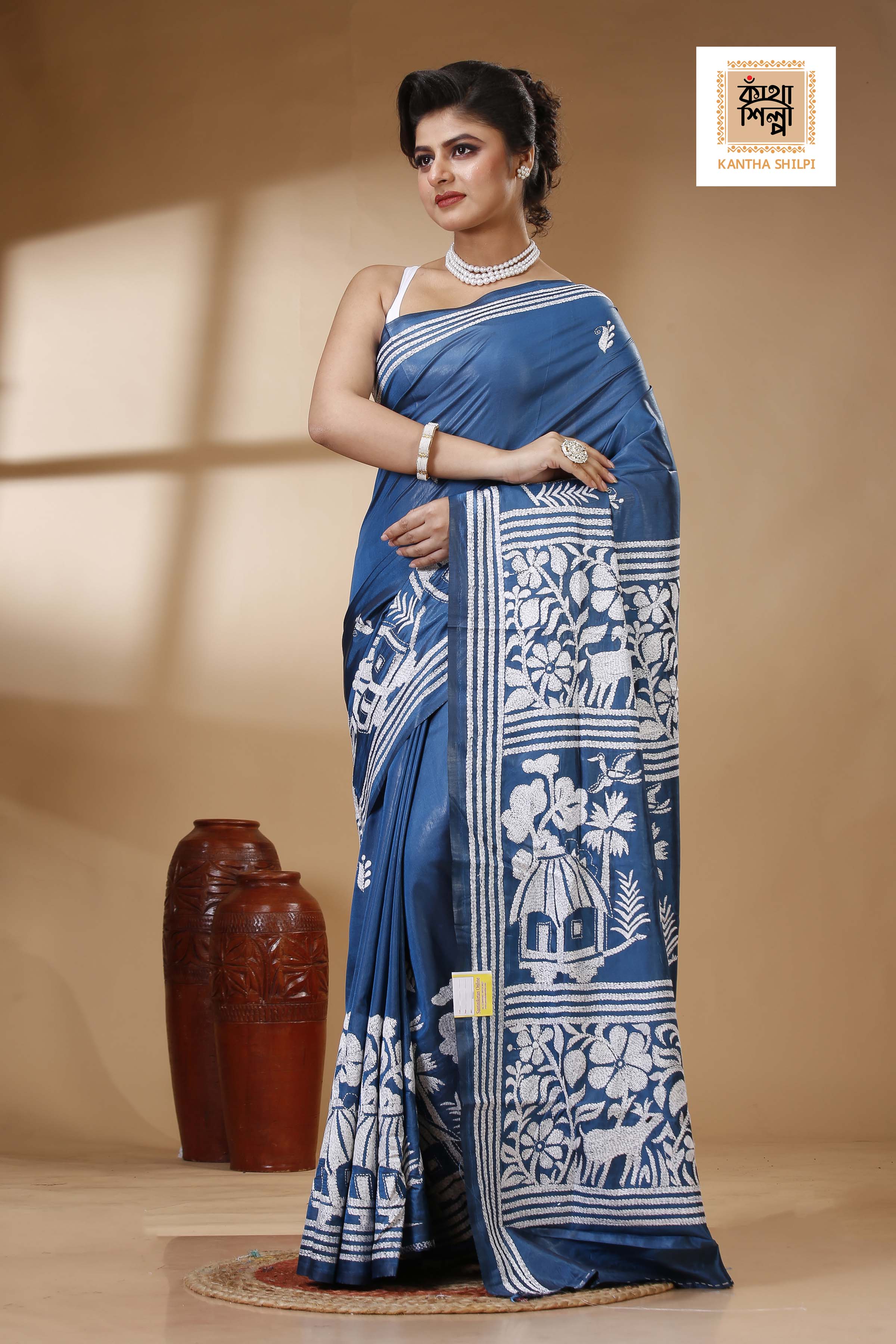 Light Navy Color Bangalore Silk White color Thread Work Kantha Stitch Saree