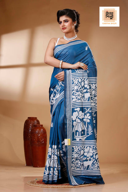 Light Navy Color Bangalore Silk White color Thread Work Kantha Stitch Saree