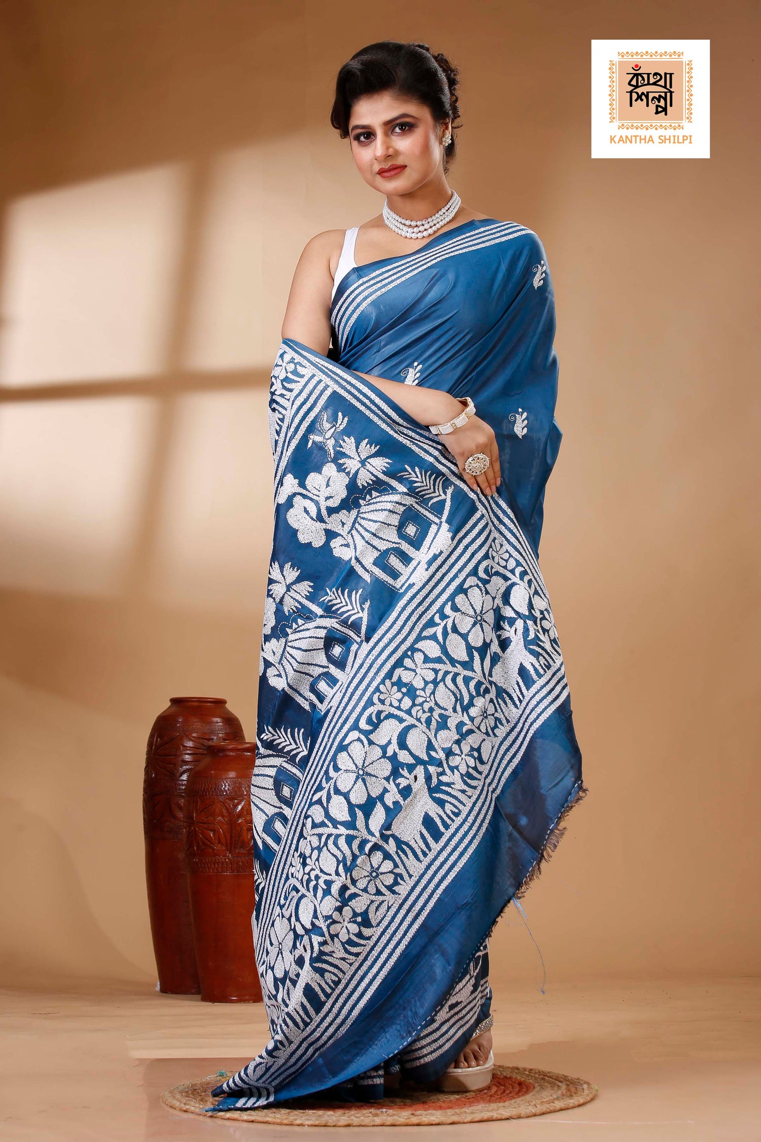 Light Navy Color Bangalore Silk White color Thread Work Kantha Stitch Saree