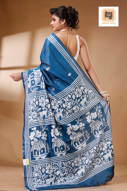 Light Navy Color Bangalore Silk White color Thread Work Kantha Stitch Saree