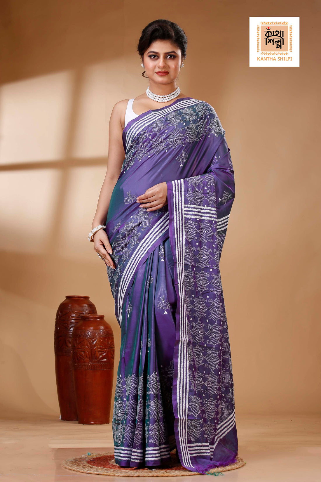Purple Color Bangalore Silk White color Thread Work Kantha Stitch Saree