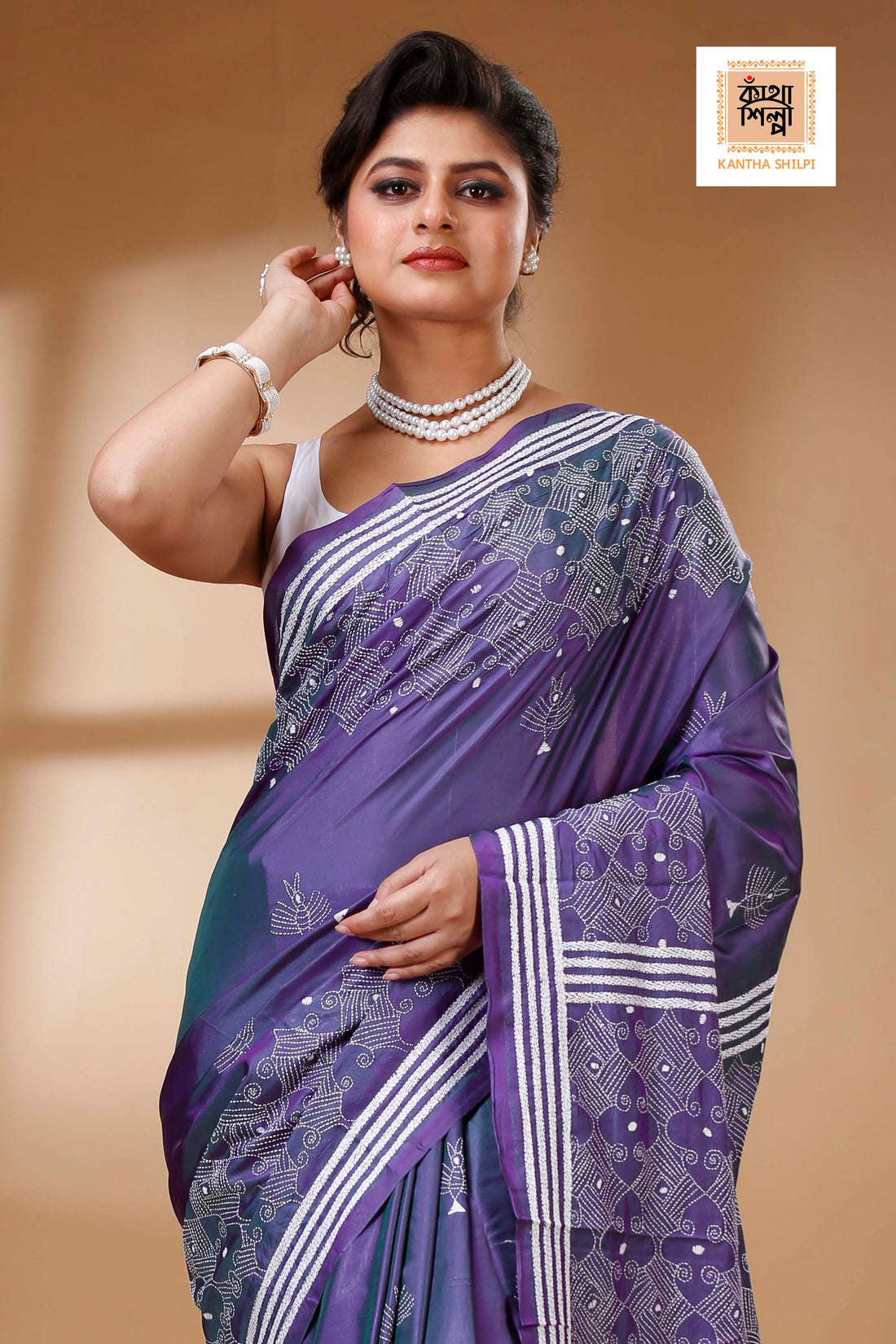 Purple Color Bangalore Silk White color Thread Work Kantha Stitch Saree