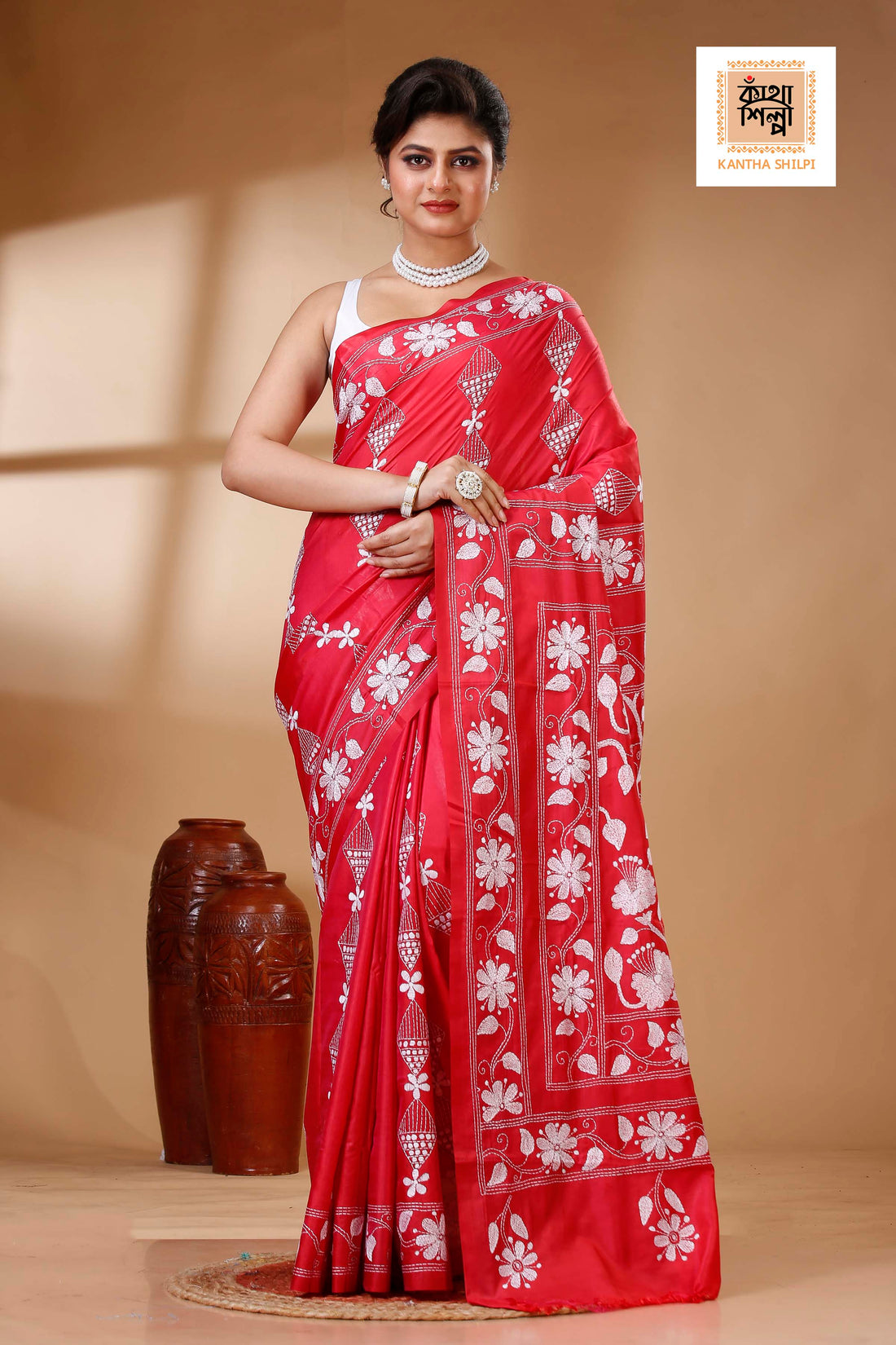 Red Color Bangalore Silk White color Thread Work Kantha Stitch Saree